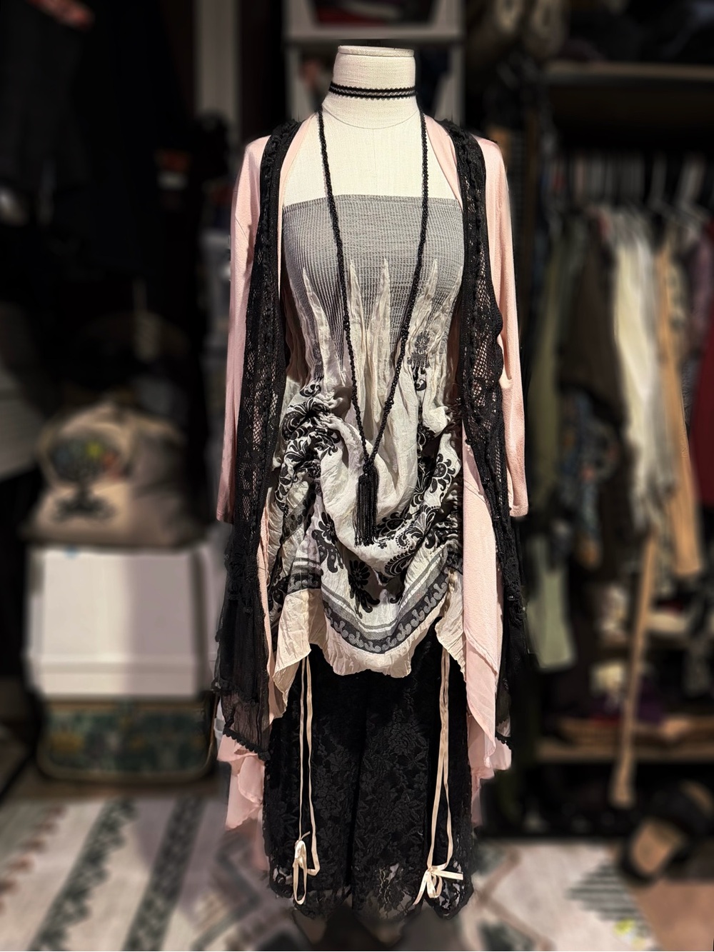 4 PC custom set Layered Pink & Black Lace Ensemble